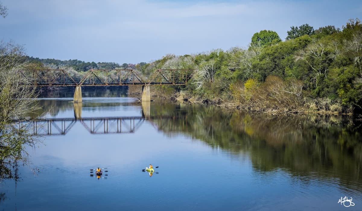 Kayakers paddling next to the bridge in Lillington, NC