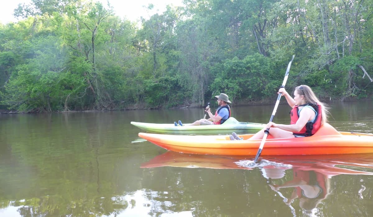 2 kayakers on the Cape Fear River near Lillington, NC