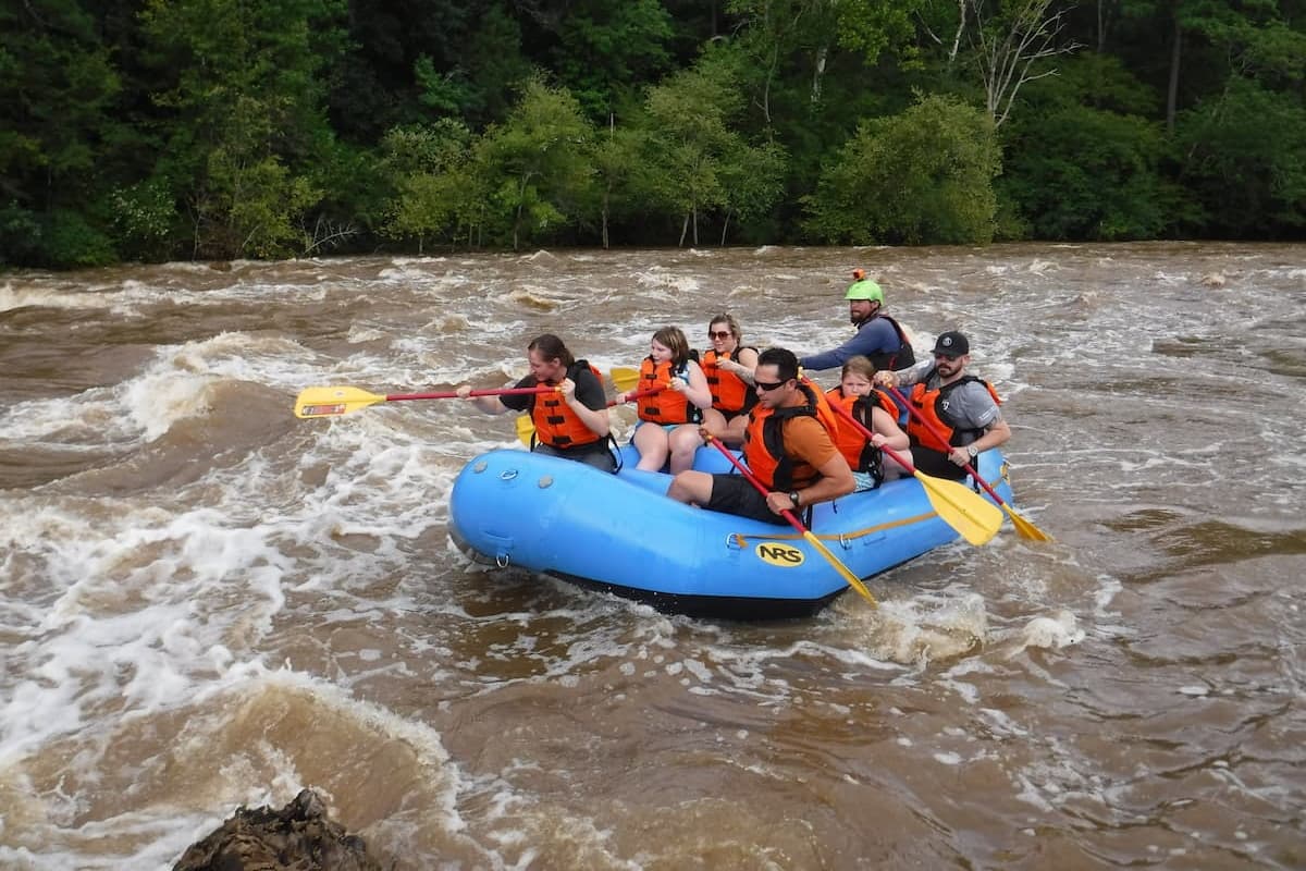 Group of rafters entering a rapid on Cape Fear River near Lillington, NC