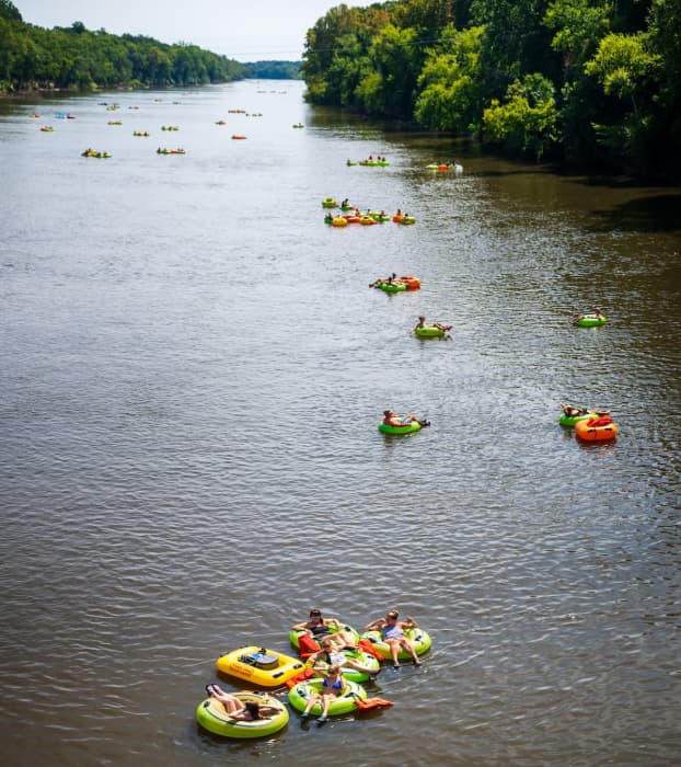 A lot of river tubing groups on the Cape Fear River in Lillington, NC