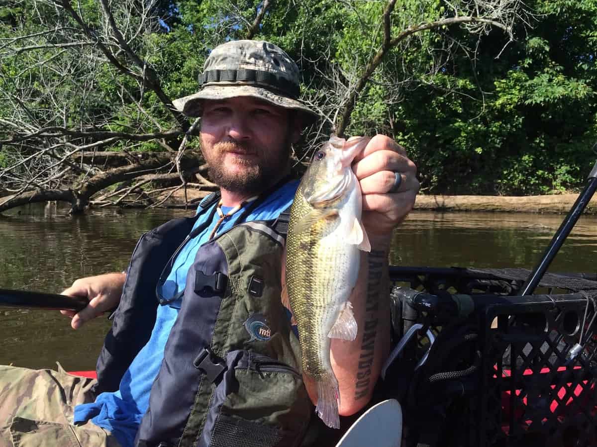 Kayaker cought bass on the Cape Fear River near Lillington, NC